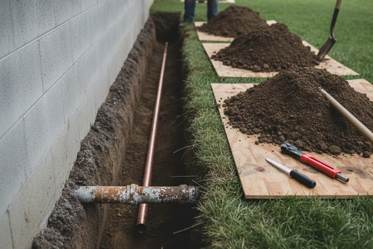 Excavated water line trench during Sewer Line Repair in South Gate